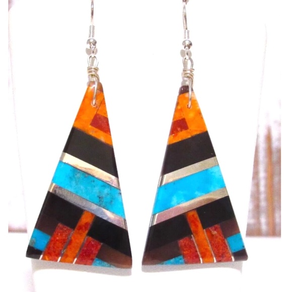 Santo Domingo Spiny Turquoise Jet Inlay Earrings Sterling Silver O Crispin 2"L - Picture 1 of 1